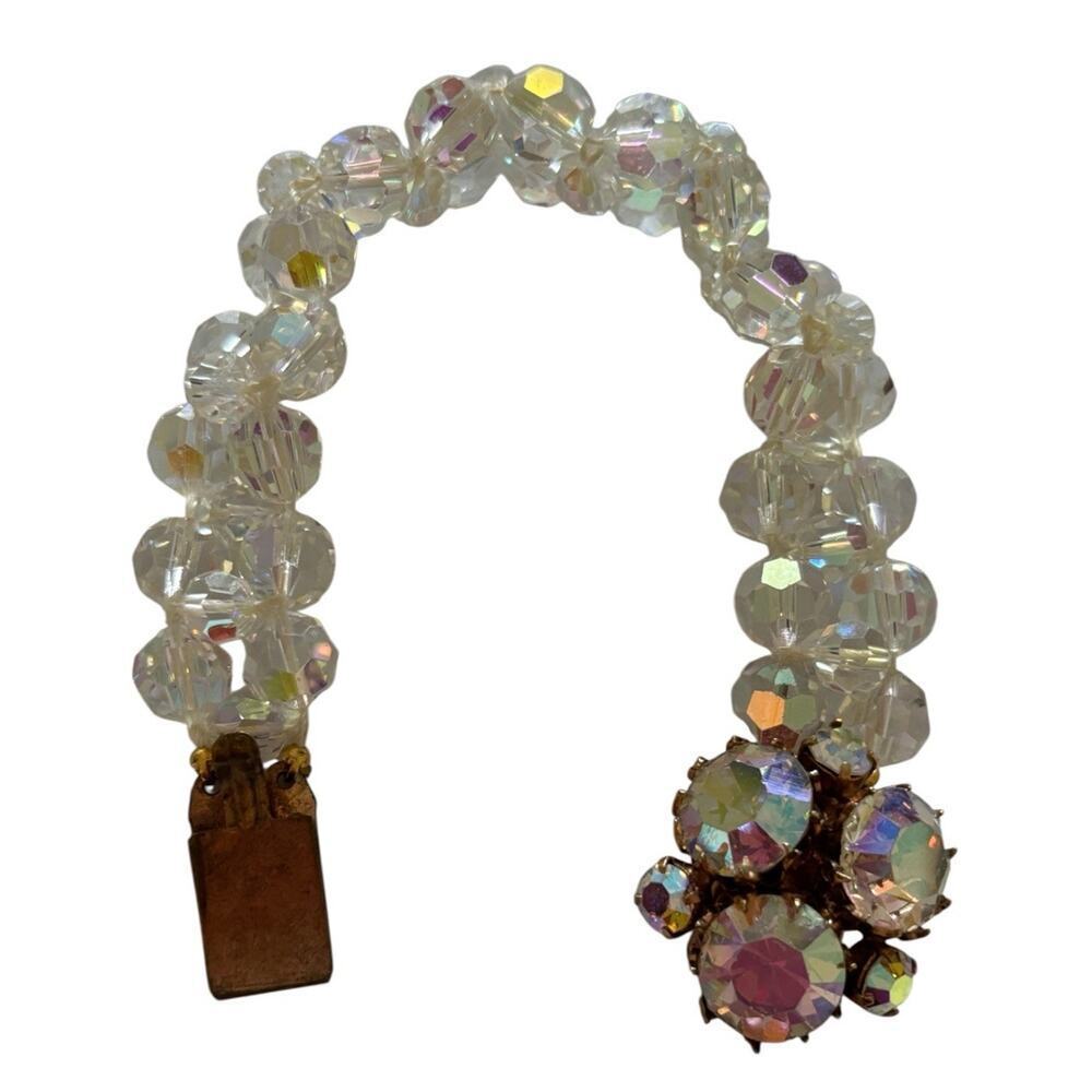 Bracelet Aurora Borealis Facet Crystal Bead Double Strand Rhinestone Closure Vtg - Picture 5 of 12